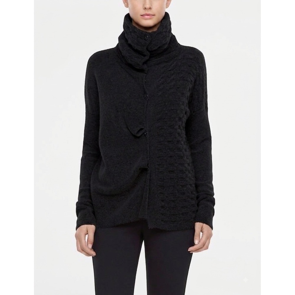 Sarah Pacini Black Wool Blend Asymmetrical Funnel Neck Cardigan Made in Italy OS